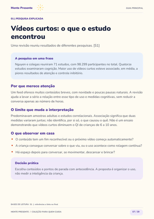 Página do guia: vídeos curtos, o que o estudo encontrou